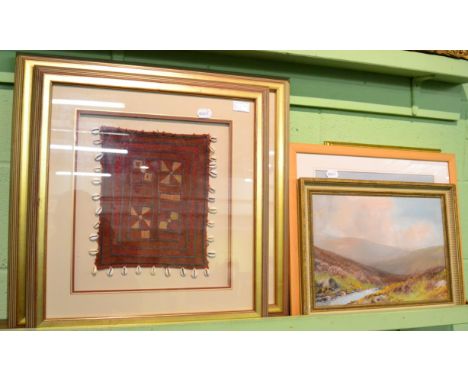20th century landscape oil, a watercolour, a print and two framed tribal textiles  
