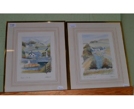Geoffrey Cowton (20th century) watercolour embellished print,  'View Nr. Dibble Bridge' and 'Summer in the Hills' (2) 