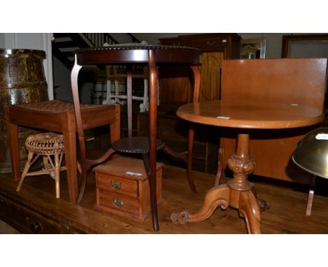 Two canework stools, two occasional tables, two leather suitcases, needlework firescreen, and a jewellery box