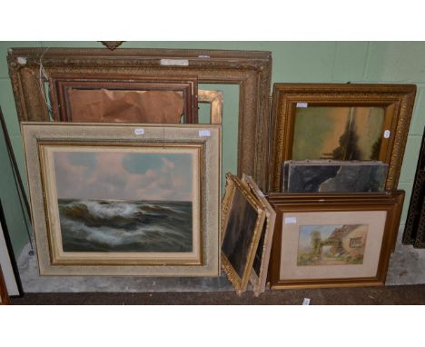 A groups of oils, watercolours and prints including landscapes, still lives, chrystoleums, a quantity of 19th century gilt fr