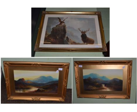 A pair of Victorian framed gouache landscapes and a framed print (3)