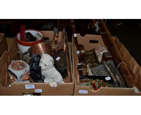 Group of miscellaneous including silver mounted walking cane, 19th century copper, oak cased barometer, Black & White whisky 