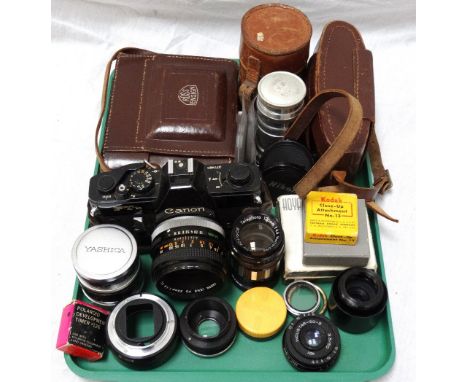 SMALL COLLECTION OF CAMERAS AND ACCESSORIESincludes a Canon FTb with 50mm 1:1.8 lens, Ross Ensign camera, Soviet Russian 4/13