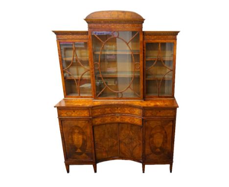 EDWARDIAN SHERATON REVIVAL SATINWOOD AND INLAID CHINA CABINETwith an arched central cabinet flanked by two similar glazed cab