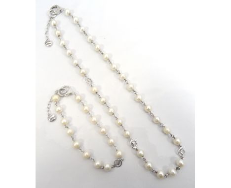 'EMPORIO ARMANI' PEARL SET SILVER NECKLACE AND MATCHING BRACELET45cm and 22cmlong respectively