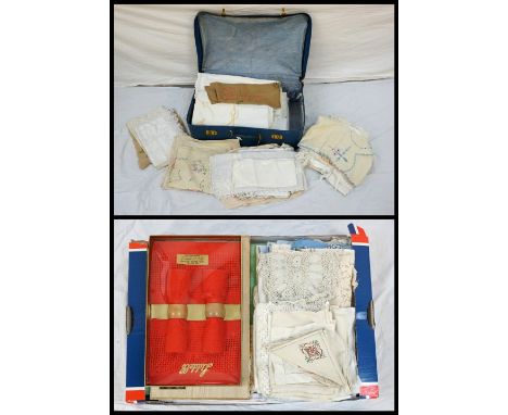 LARGE COLLECTION OF VINTAGE LINENIrish and embroidered examples noted, contained in suitcase and box