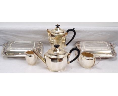 SILVER PLATED TEA SERVICEcomprising teapot; water jug; sugar basin and milk jug, and two silver plated entree dishes (6)