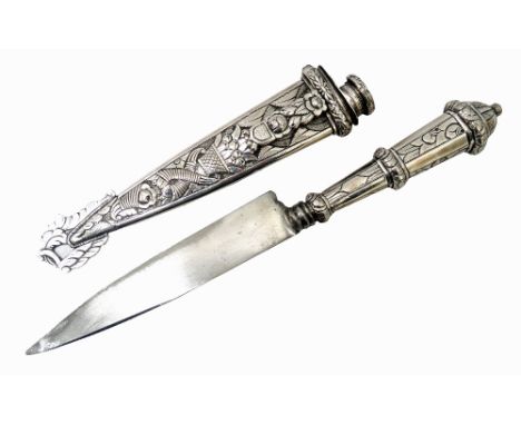 EASTERN UNMARKED SILVER DAGGERwith embossed decoration of fruit, flowers and foliage to handle and scabbard, the blade marked