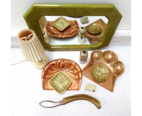 TWO ART NOUVEAU COPPER BRUSH SCOOPSone with brush, trinket box, retro table lamp, two dishes, a 'Pasha de Cartier' scent bott