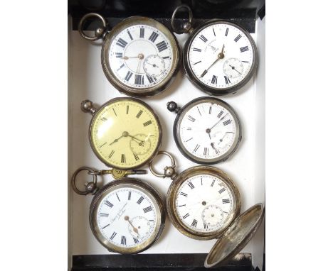 SIX VICTORIAN AND EDWARDIAN SILVER CASED POCKET WATCHESall with black Roman numerals on white enamel dials, makers noted are 