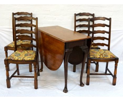 1920's OAK DROP-LEAF DINING TABLEwith oval top 152cm long x 91.5cm wide, raised on long cabriole legs, together with a set of