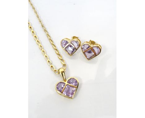AMETHYST SET HEART DESIGN PENDANT AND MATCHING EARRINGSall in nine carat gold, the pendant on gilt chain