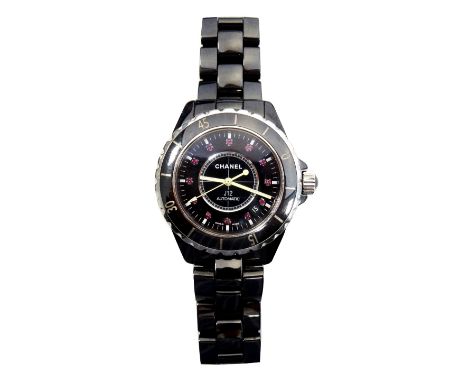 LADIES CHANEL J12 AUTOMATIC BLACK CERAMIC BRACELET WATCHthe dial with ruby set five minute markers and date aperture between 