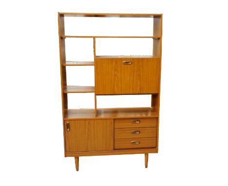 RETRO 1970's 'SCHREIBER' TEAK EFFECT ROOM DIVIDERwith open shelf compartments and fall-front cabinet, above a cupboard and th