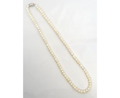 CULTURED PEARL NECKLACEwith diamond set silver clasp, 46cm long