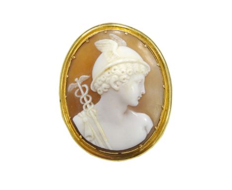 VICTORIAN CARVED SHELL CAMEO BROOCHdepicting Mercury with his winged helmet and caduceus, in unmarked gold mount, 4cm x 3.3cm
