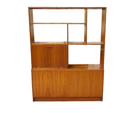 RETRO 1960's TEAK ROOM DIVIDERwith open shelf compartments and double-side fall-front cabinet, above a double-door cupboard a