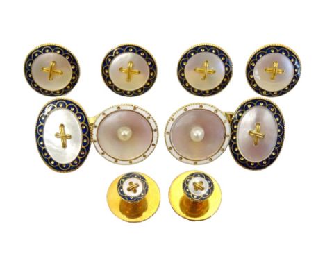 SET OF EDWARDIAN EIGHTEEN CARAT GOLD, ENAMEL AND MOTHER OF PEARL DRESS STUDS AND CUFFLINKSin fitted box marked 'W.A.Perry & C