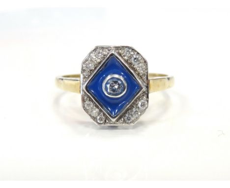 ART DECO STYLE DIAMOND AND BLUE ENAMEL RINGon nine carat gold shank, ring size N-O