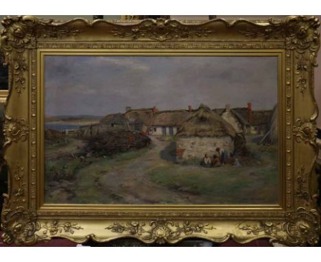JOHN HENDERSON (SCOTTISH 1860 - 1924), 
CROFTERS DWELLINGS, AYRSHIRE 
oil on canvas, signed
71 x 112cm
Framed
Label verso: Sc