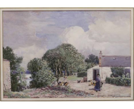 * GEORGE HOUSTON RSA RSW (SCOTTISH 1869 - 1947),
FARM, ELLISLAND
watercolour on paper, signed
34cm x 50cm
Mounted, framed and