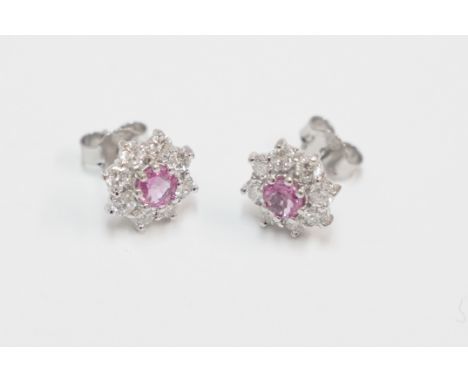 Pair of 18ct white gold earrings, each set with round pink Sapphire, approx. 0.43ct, surrounded by 8 round cut Diamonds, appr