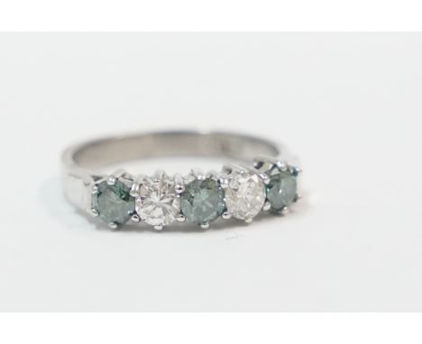 18ct white gold 5 stone ring, set with 3 round treated blue Diamonds, and 2 round brilliant cut white Diamonds, approx. 1.10c