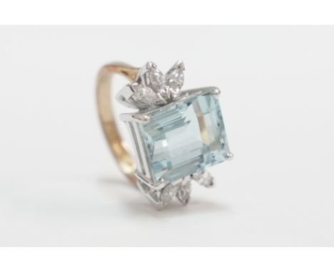 18ct yellow and white gold rectangular 12mm x 10mm Aquamarine Dress ring, with 3 Marquise Diamonds on each side. Size L. Tota