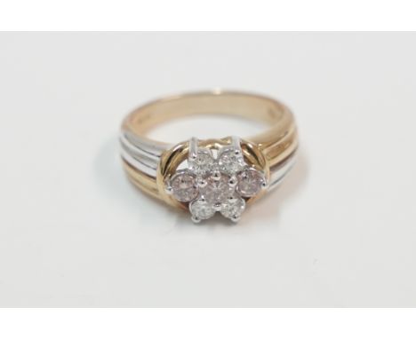 18ct yellow and white gold cluster ring, set with 3 round pink Diamonds, and 4 round white Diamonds, approx. 1.00ct total wei