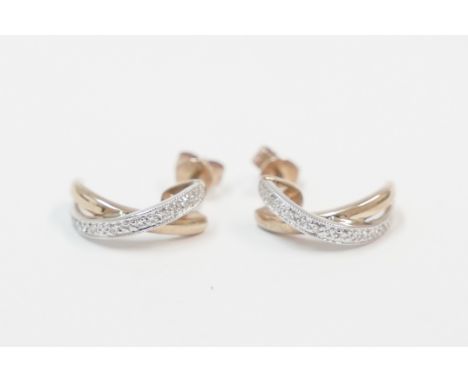 9ct yellow and white gold Diamond set cross-over half hoop earrings.Total item weight approximately 3.02 grams.