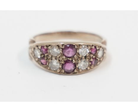 9ct double row ring, set with 6 round Rubies and 6 round Diamonds. Size L. Total item weight approximately 2.84 grams.