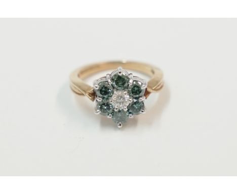 18ct yellow and white gold cluster ring, set with 6 round blue Diamonds, and 1 centre round white Diamond, approx. 1.40ct tot