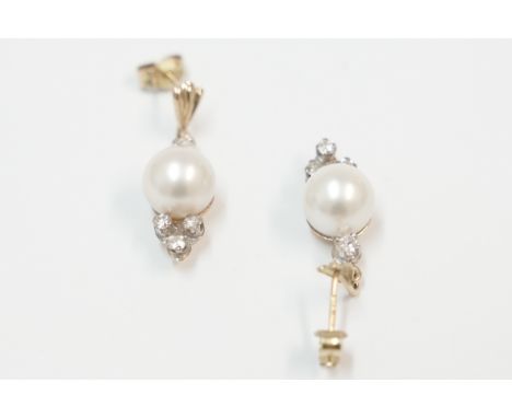 Pair of 18ct yellow gold Cultured Pearl and Diamond drop earrings. Total item weight approximately&nbsp; 4.39 grams.