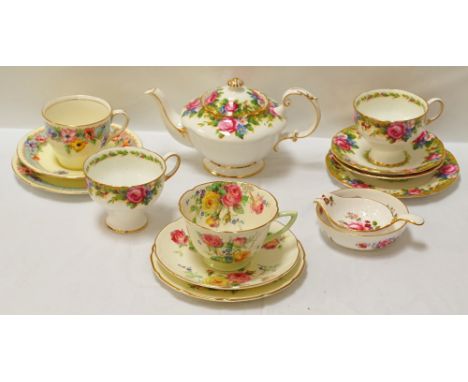 PARAGON 'TAPESTRY ROSE' TEA FOR TWO SETcomprising teapot, two cups, two saucers and side plate; Royal Doulton 'Moss Rose' and