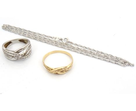 SMALL LOT OF GOLD JEWELLERYcomprising a diamond dress ring with multiple twist setting, on nine carat white gold shank, size 