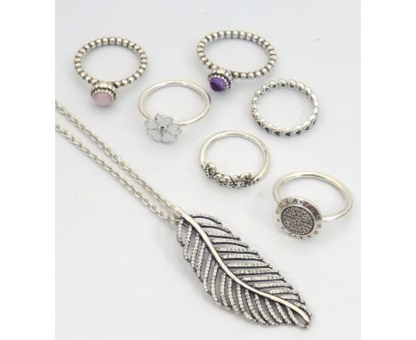 SELECTION OF SILVER PANDORA JEWELLERYcomprising six various rings including a Signature ring and two gem set examples; togeth