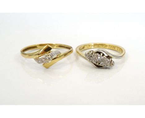 DIAMOND THREE STONE RING IN TWIST SETTINGon eighteen carat gold shank, ring size G-H; and a CZ set ring on nine carat gold sh