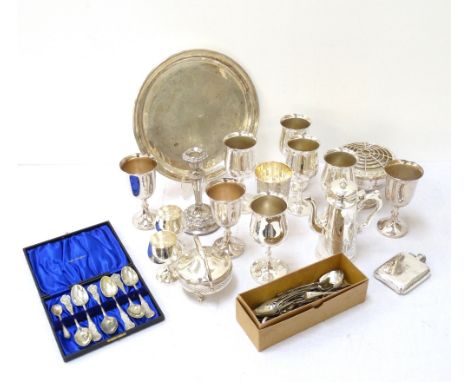 SELECTION OF SILVER PLATED WARESincluding an oval pierced gallery tray, set of eight goblets, hip flask, set of six goblets, 