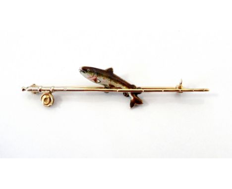 NINE CARAT GOLD AND SILVER FISHING INTEREST BROOCHby Alabaster & Wilson, the nine carat gold bar in the form of a fishing rod