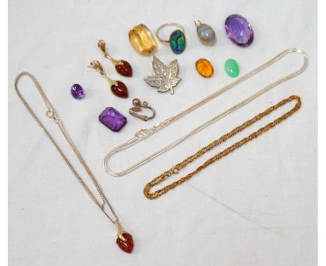 SELECTION OF GOLD AND SILVER JEWELLERYcomprising a nine carat gold neck chain, 1.5 grams; an amber pendant and matching earri