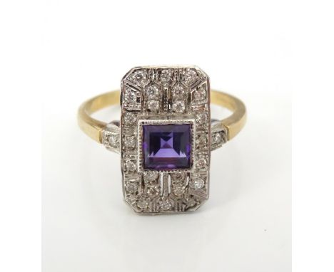 ART DECO STYLE AMETHYST AND DIAMOND PLAQUE RINGthe central square cut amethyst in multi diamond surround, on nine carat gold 