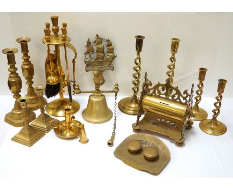 COLLECTION OF BRASSWAREincludes Victorian and later candlesticks, companion stand with thistle finials, chamber stick with sn