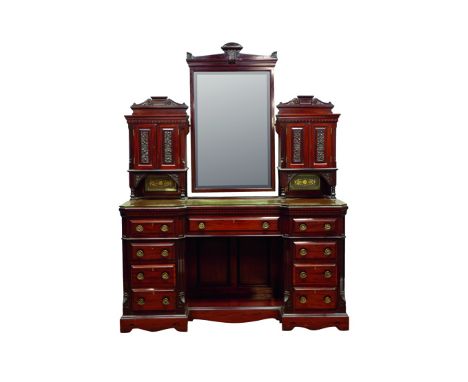 Quality late Victorian mahogany dressing table, two raised cupboards supporting bevelled mirror, enclosed by carved panelled 