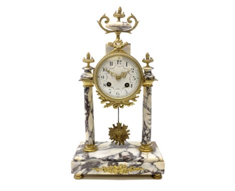 Late 19th century French gilt metal mounted grey varigated marble Portico clock, circular Arabic dial painted with floral swa