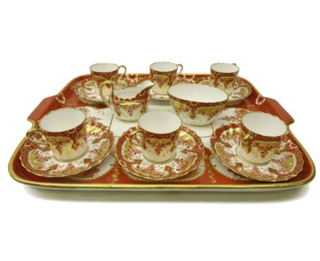 Late Victorian Spode Copeland cabaret set for six persons, comprising six fluted coffee cups and saucers, decorated with trai