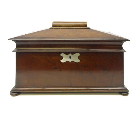 Regency walnut tea caddy of sarcophagus form, triple division interior with twin lift out lidded tea vessels, with bowl reces