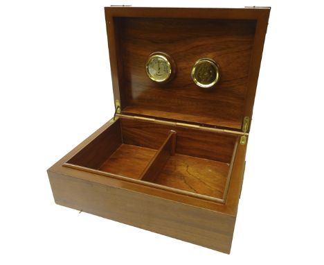 Mahogany and brass bound cigar humidor, with internal dial with two cigar holders, pipe cleaners and cigar cutter, L28.5cm x 