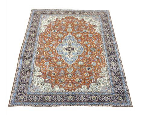 Persian Sarough red ground rug carpet, light blue medallion repeated in border guards, interlacing field, decorated with flow