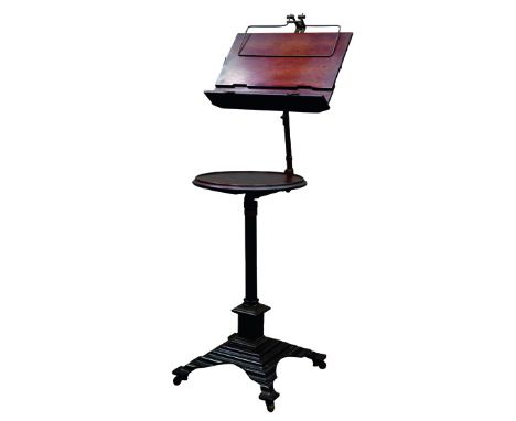 Victorian 'Carters of London' patent adjustable music stand, with manuscript rest above circular dished tier, on fluted colum