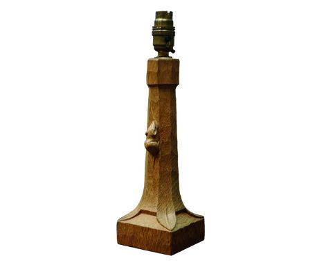 'Mouseman' carved oak table lamp, by Robert Thompson of Kilburn, H26cm (excluding fitting)   Condition Report   Click here fo